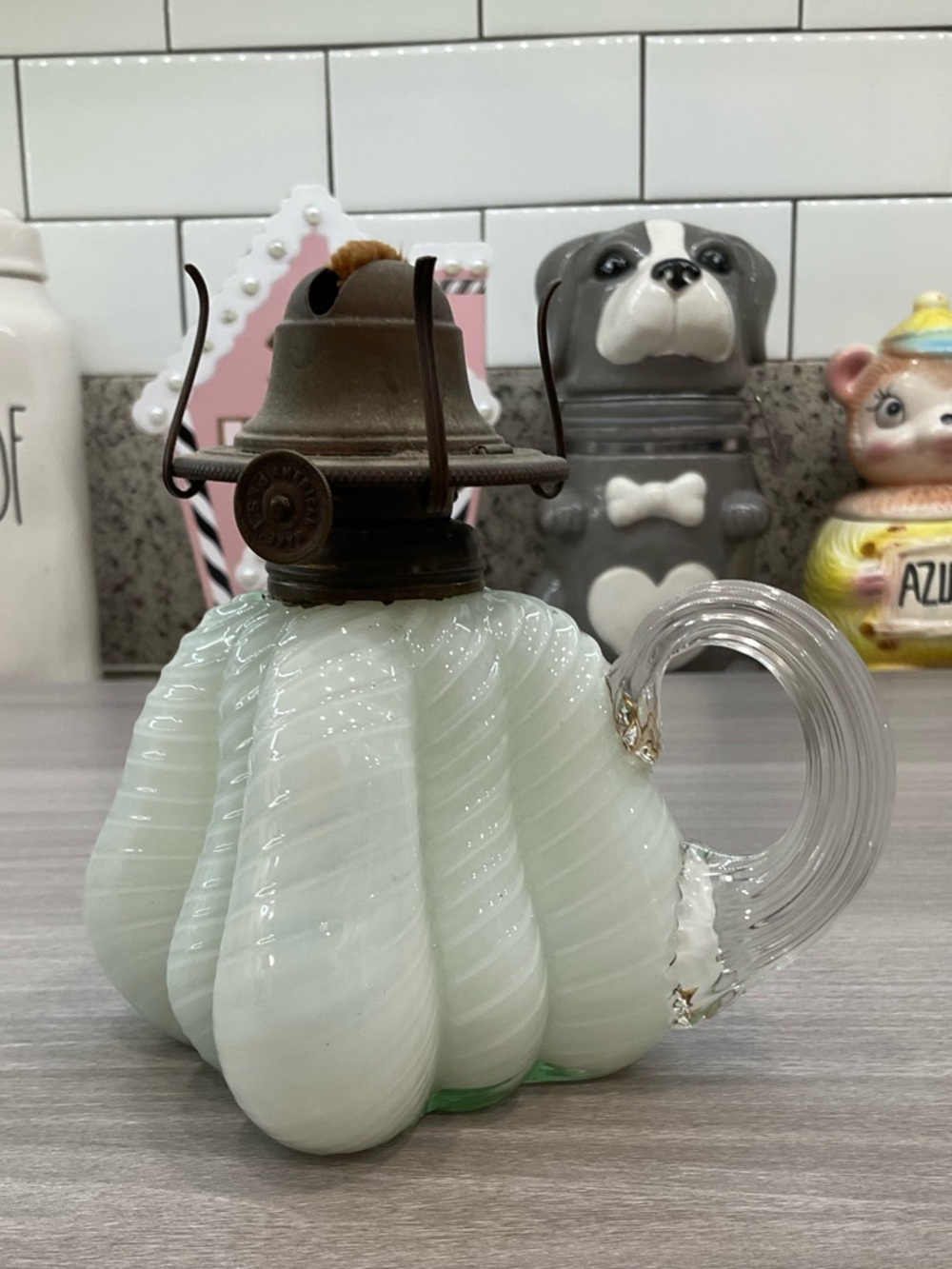 VINTAGE GLASS WITH HANDLE OIL LAMP BASE
